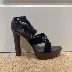 Yves Saint Laurent Sandals Shoes Womens Size 5.5 Black Suede Fur Ankle Strap